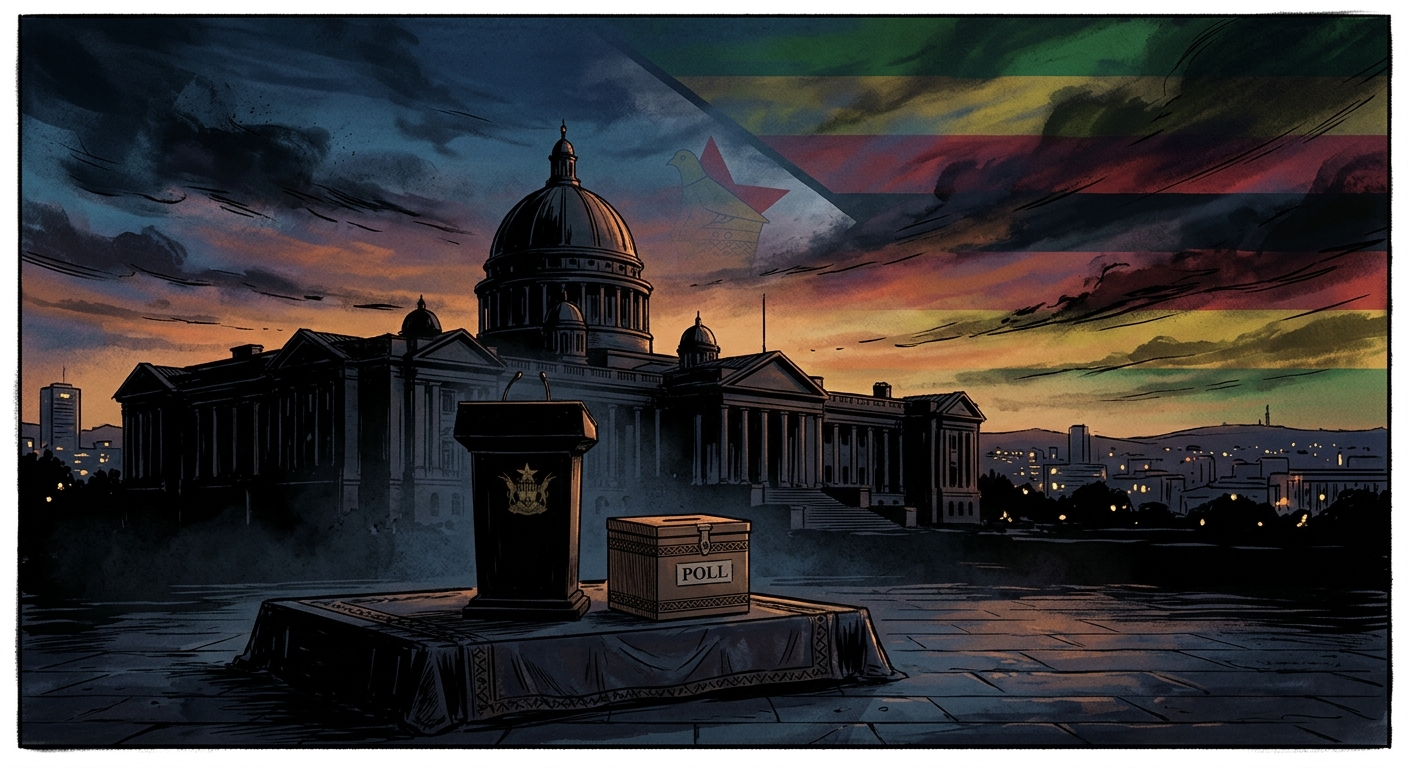 Editorial illustration: Zimbabwe's Parliament building in Harare at dusk, silhouette of a presidential podium with an empty ballot box beside it, subtle national flag colors bleeding into the sky. Somber, cinematic tone.