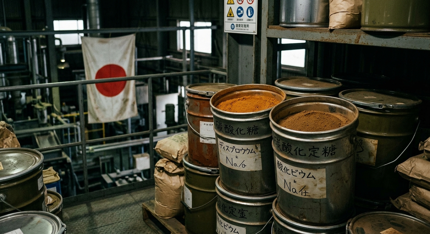 Rare-earth processing drums with Japanese flag in the background