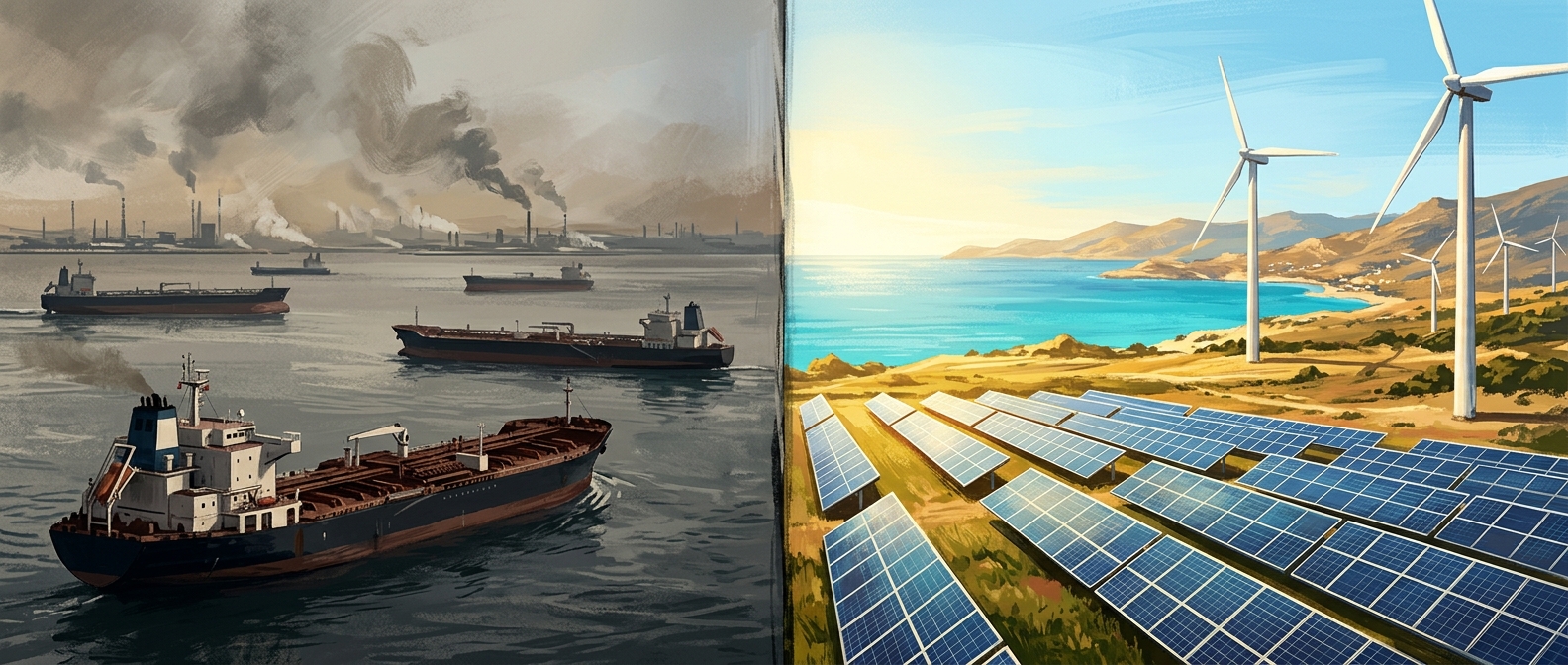 Split image: stalled oil tankers in the Strait of Hormuz on the left; solar and wind farms above Antalya on the right