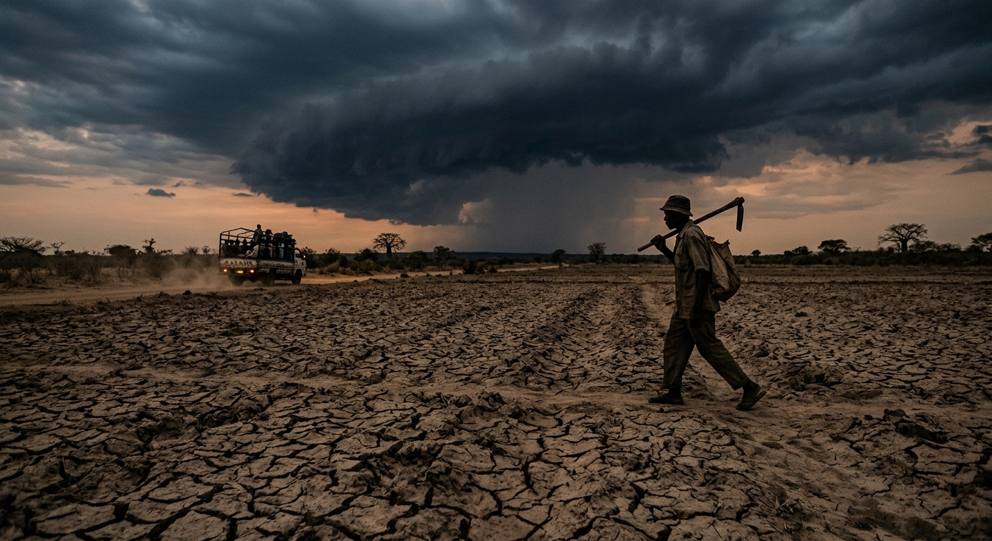 Dry field at dusk in central Mozambique, small farmer silhouette walking toward a market truck with a storm cloud on the horizon