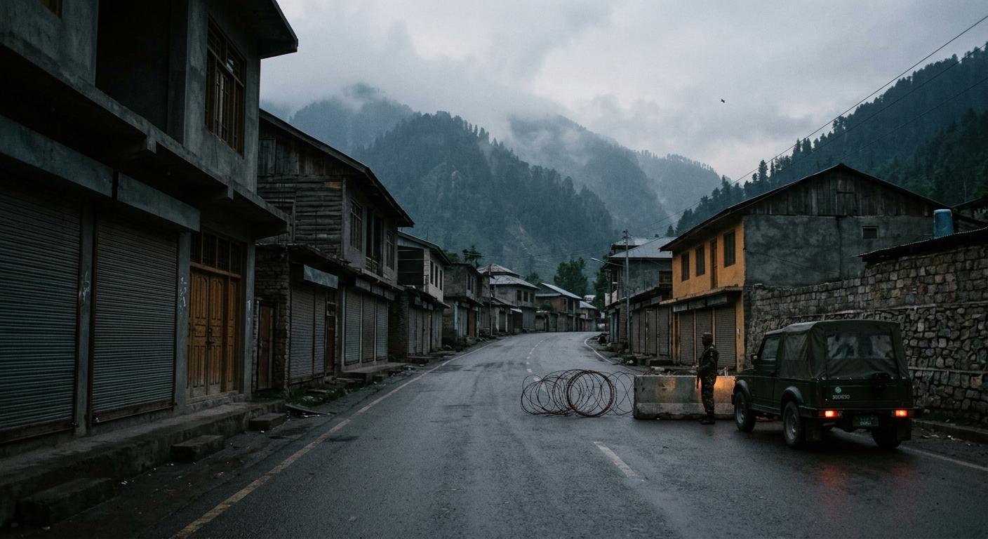 A curfewed Himalayan street, shuttered shops, a distant military checkpoint, mountains in mist.