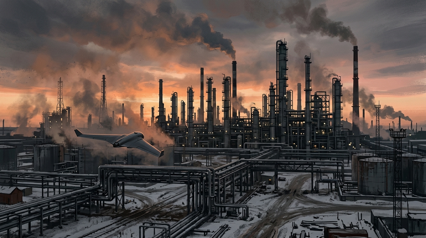A large Russian refinery at dawn with a small drone in the foreground