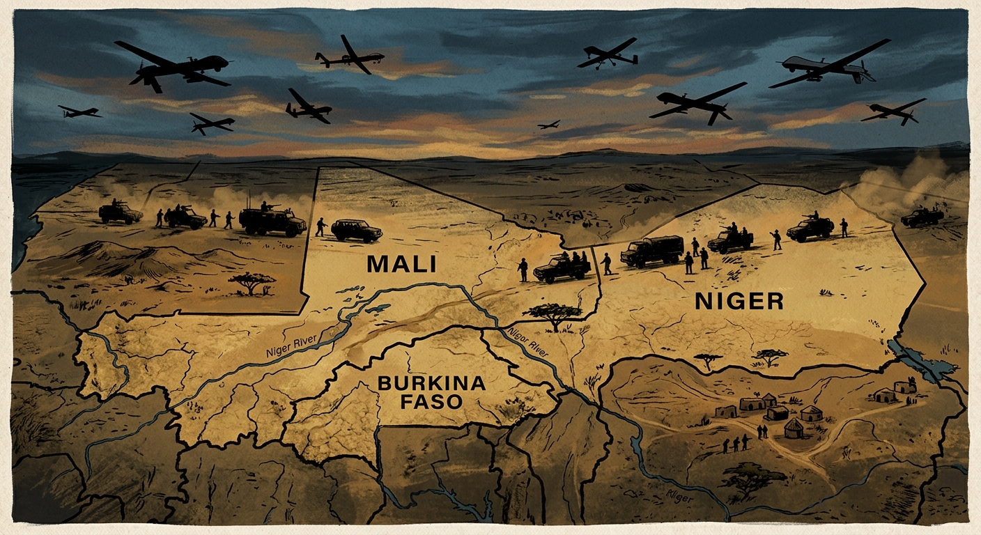 Editorial illustration of the Sahel security crisis: a stylized map of Mali, Burkina Faso and Niger, with silhouettes of armed convoys and drones over dry savanna landscape, muted ochre and dusk-blue palette, documentary editorial style