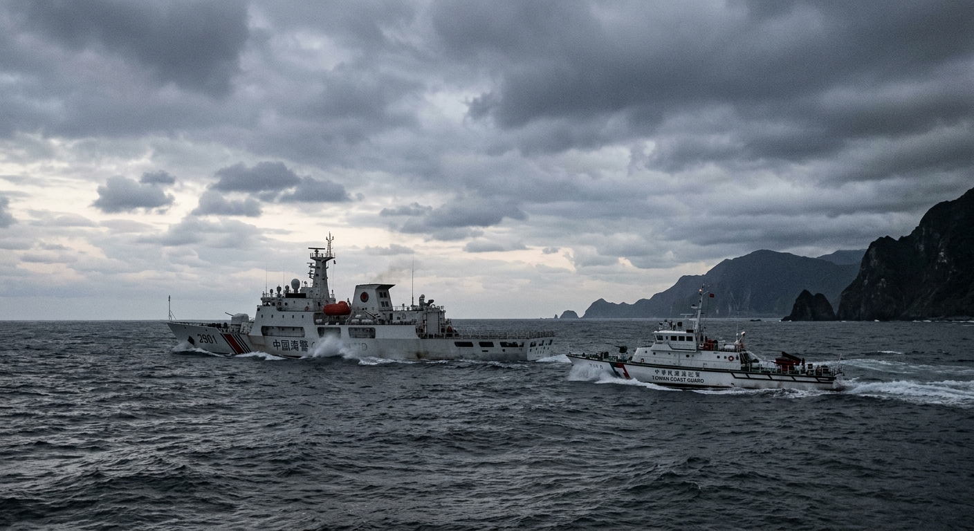 A Taiwan Coast Guard vessel shadowing a larger China Coast Guard cutter in gray choppy waters off Taiwan's east coast at dawn