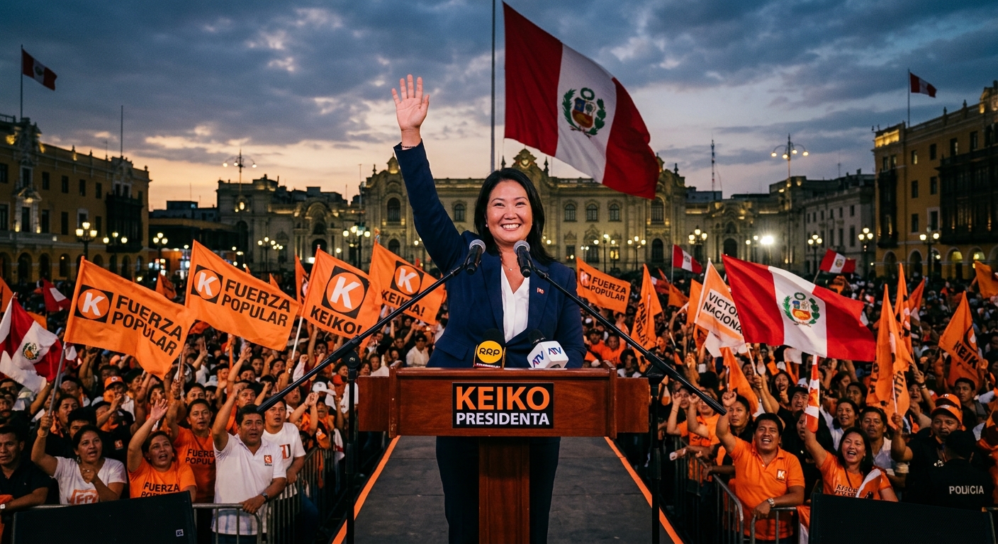 Keiko Fujimori at a podium in Lima celebrating a narrow election victory