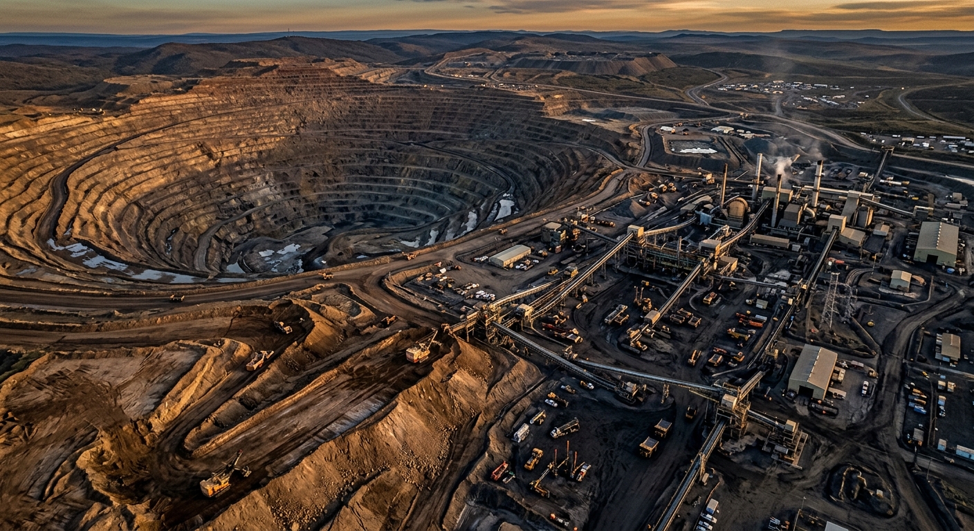 An aerial view of a large open-pit copper mine at dawn, with a brownfield expansion visible where new excavation meets existing infrastructure