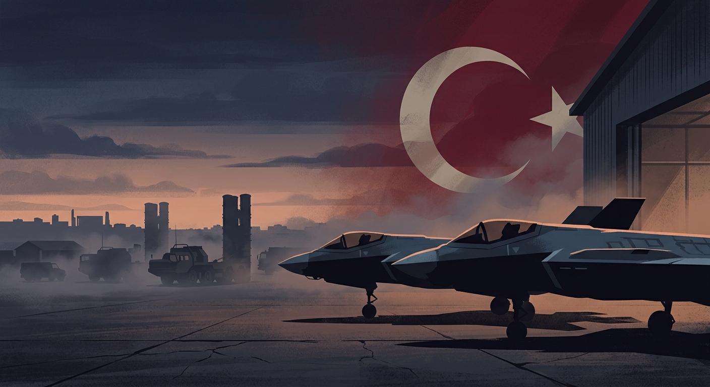 Editorial illustration: F-35s on a tarmac in Ankara with an S-400 launcher in the haze