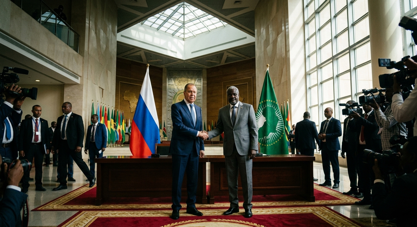 Editorial photojournalistic image of foreign ministers shaking hands in front of African Union and Russian flags in Addis Ababa, formal diplomatic setting, wide lens