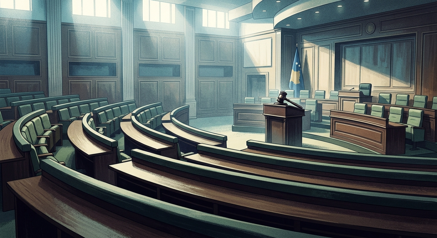 Kosovo Assembly chamber in Pristina, empty green seats bathed in cool afternoon light, single gavel on the speaker's rostrum, a national flag visible in the background. Editorial, cinematic, muted color palette suggesting institutional deadlock.