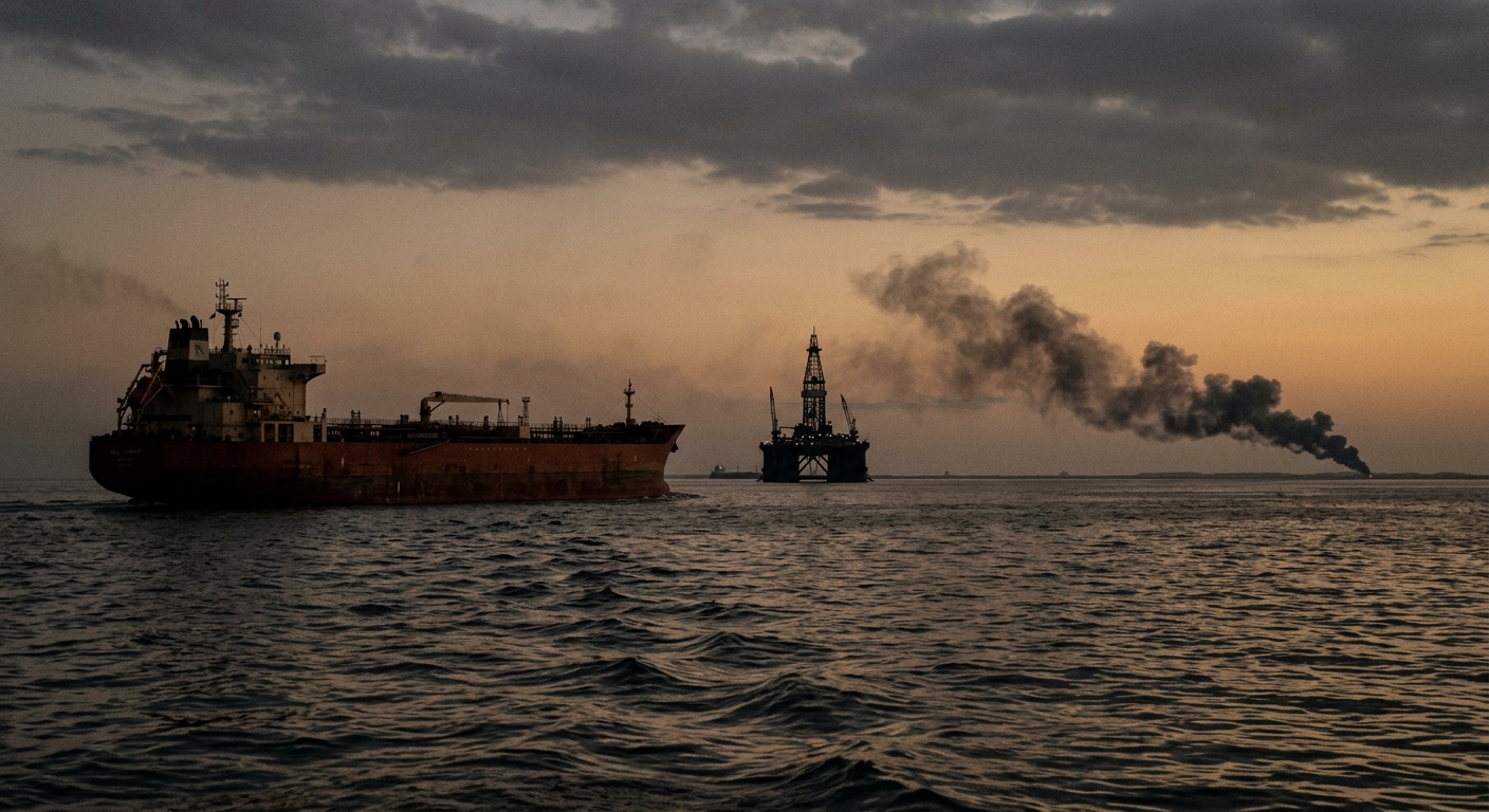 A tanker in the Strait of Hormuz at dusk, black smoke rising in the distance, an oil rig silhouetted, moody photojournalistic composition emphasizing tension and scale. Muted palette.