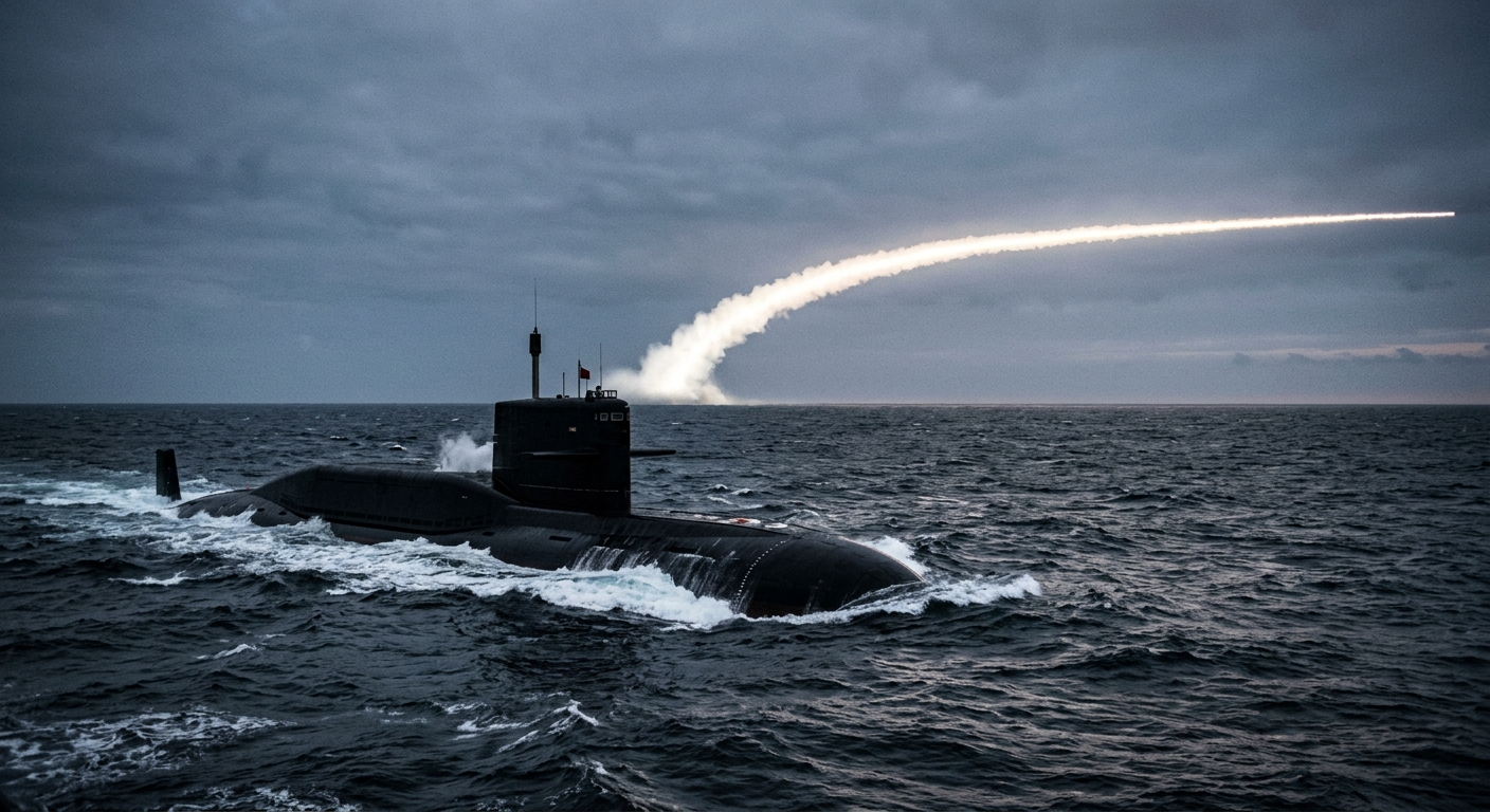 A Chinese Type-094 Jin-class ballistic missile submarine surfacing in the South China Sea at dawn, with a submarine-launched ballistic missile contrail arcing across a slate-grey sky toward the Pacific horizon.