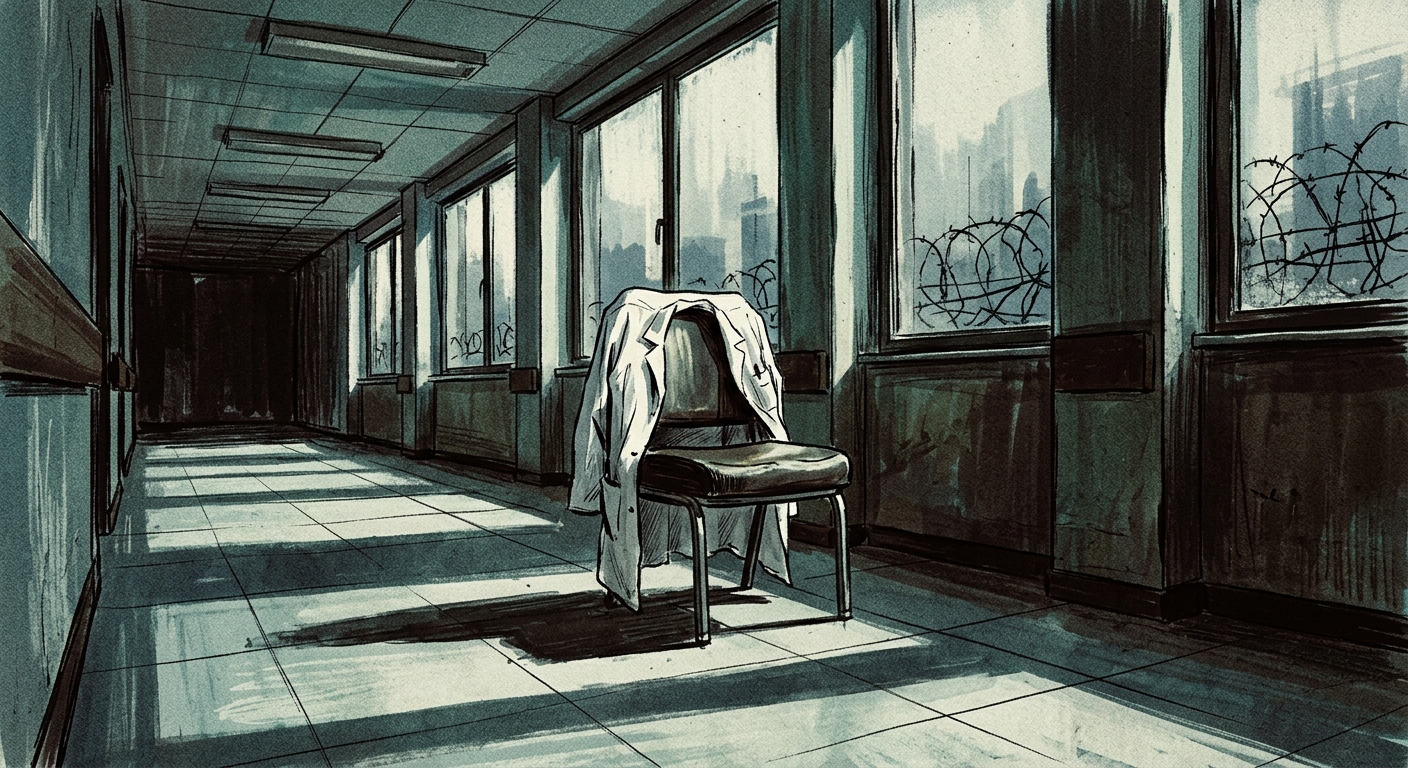 Editorial illustration: a stark, muted composition of an empty hospital corridor with a single white coat left on a chair, faint silhouette of barbed wire in the background.