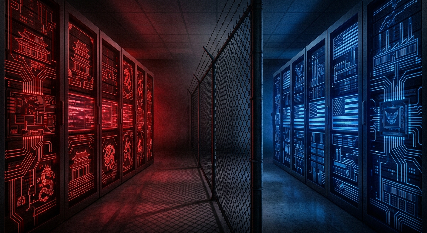 A conceptual editorial illustration: split-screen server racks — one side glowing red with Chinese circuit patterns, the other blue with American motifs — with a chain-link fence bisecting them.