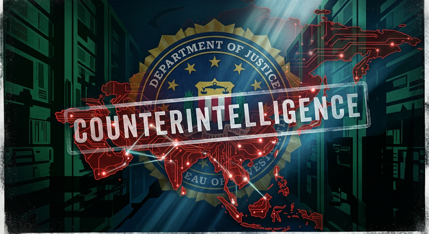 Editorial illustration: FBI seal overlaid with server racks and a red circuit-board map of Asia
