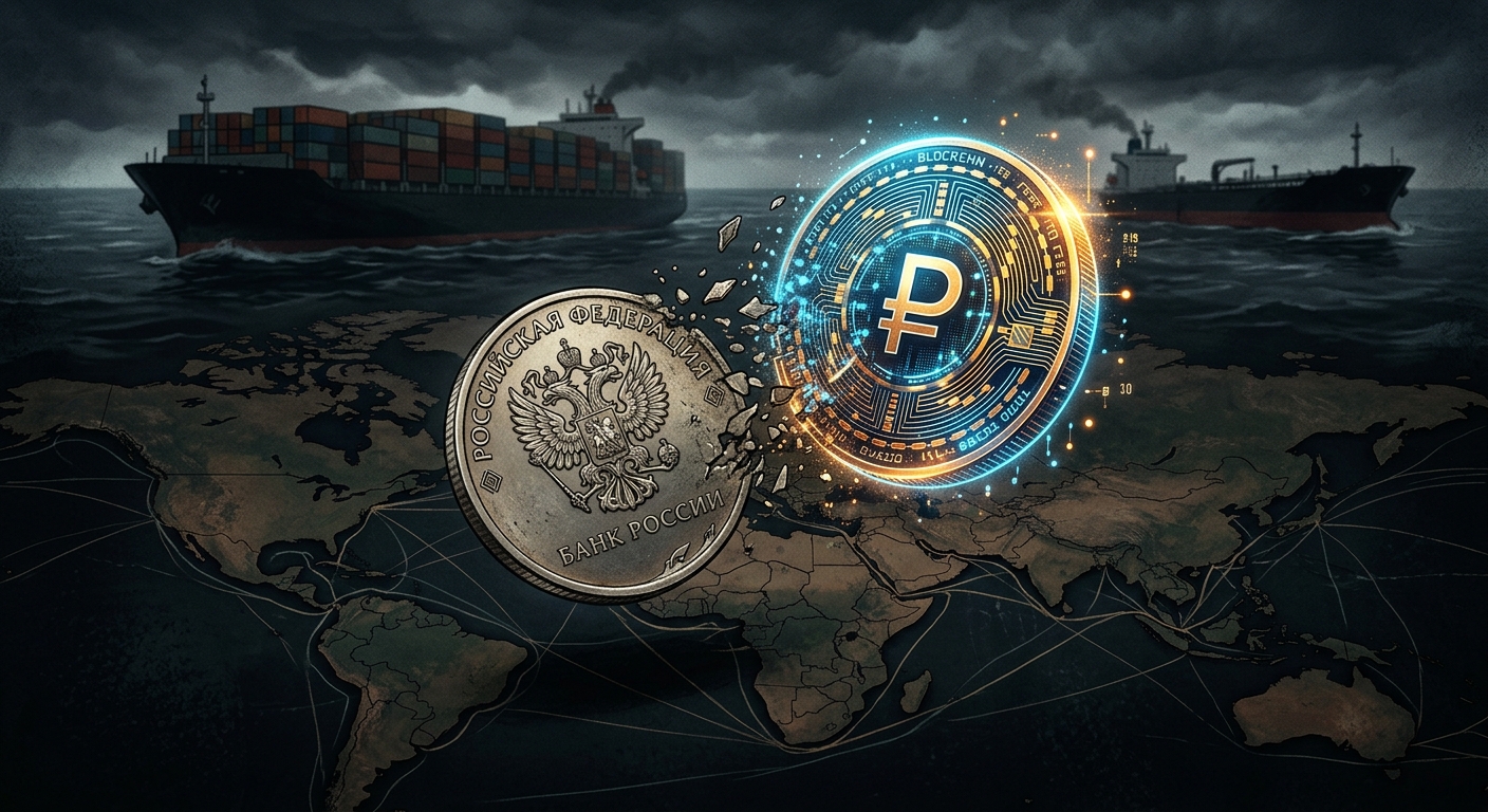 Editorial illustration: A Russian ruble coin transforming into a digital blockchain token mid-air, against a dark map of global trade routes. The coin shows the double-headed eagle, and the token side glows with circuitry. In the background, faint silhouettes of shipping containers and oil tankers suggest sanctions-evading cross-border trade. Style: Moody geopolitical editorial illustration.