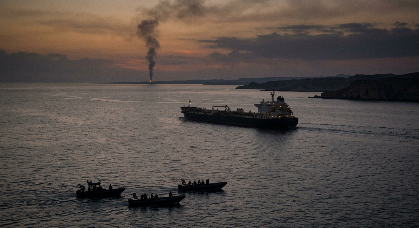 Aerial editorial photo of an oil tanker transiting the Strait of Hormuz at dusk, plume of smoke on the horizon, silhouette of small IRGC patrol boats in foreground.