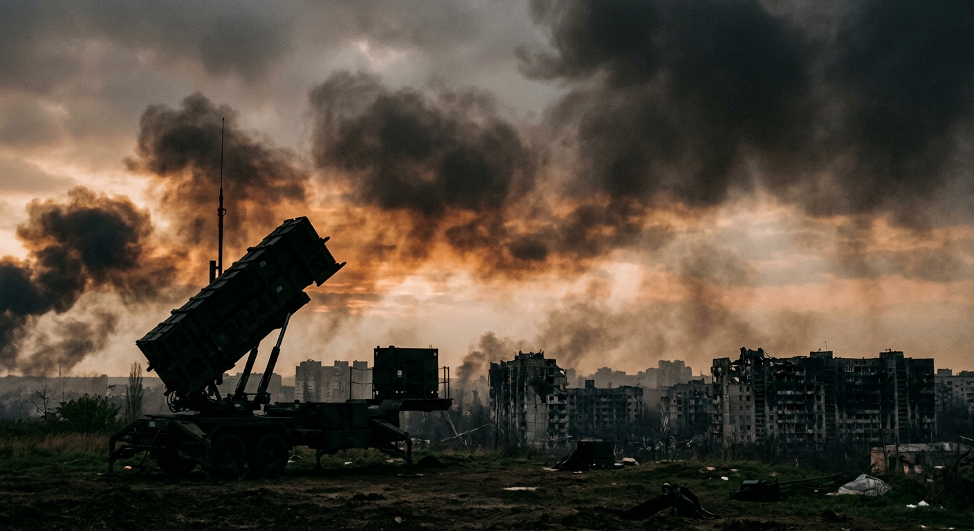 Patriot launcher at dawn over a damaged Kyiv skyline