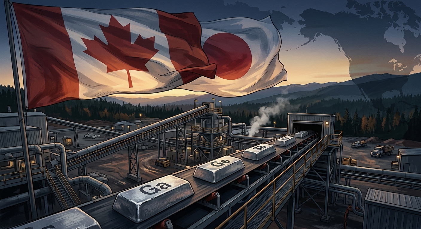 Editorial illustration: Canadian and Japanese flags over a smelter conveying ingots labeled Ga, Ge, Sb.
