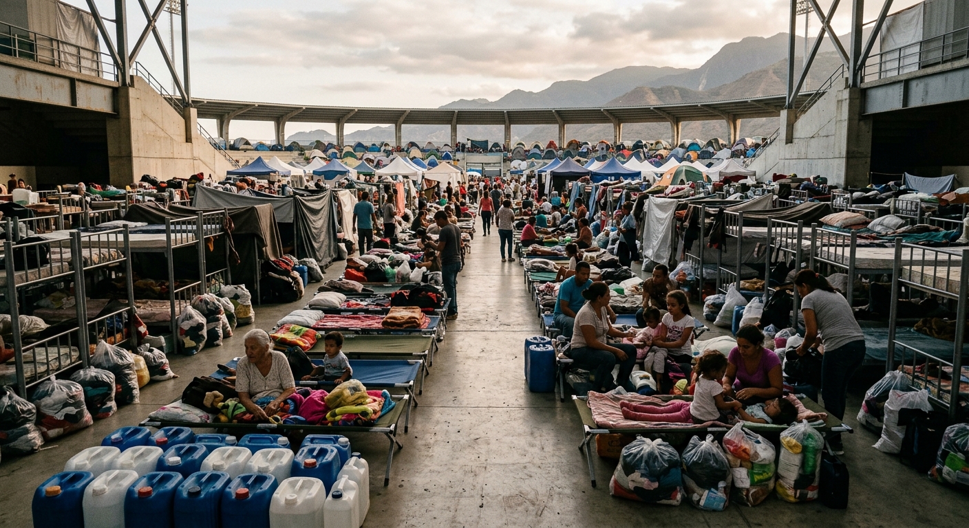A temporary earthquake shelter set up inside a sports stadium in La Guaira, Venezuela, with rows of bunk beds and cots, families with belongings in plastic bags, water containers stacked in the foreground, tents visible outside — soft late-afternoon light, photojournalistic realism, no text or logos.