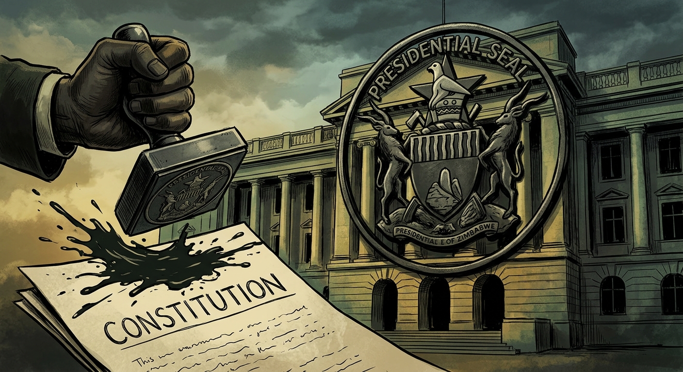 Editorial illustration: The Zimbabwean parliament building in Harare with an oversized presidential seal and a constitutional document being stamped.