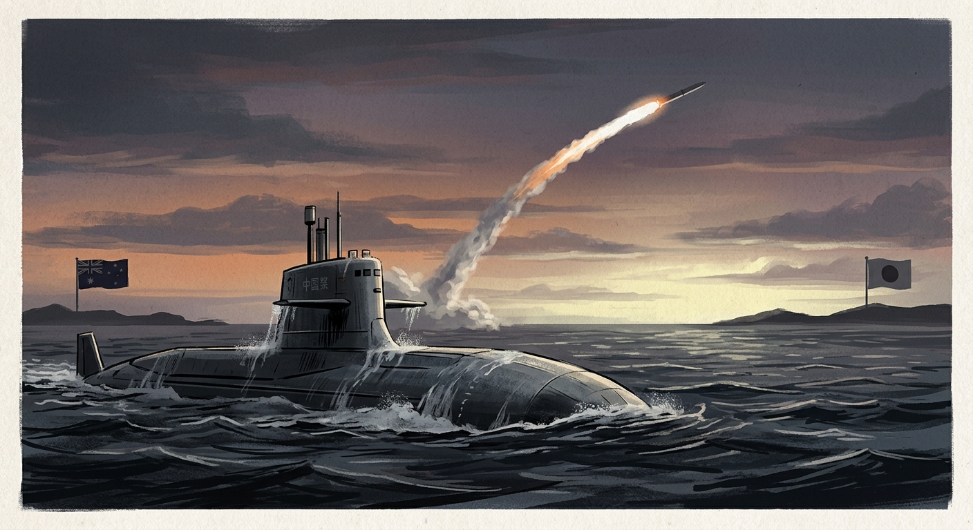 Illustration of a Chinese submarine firing a ballistic missile in the Pacific