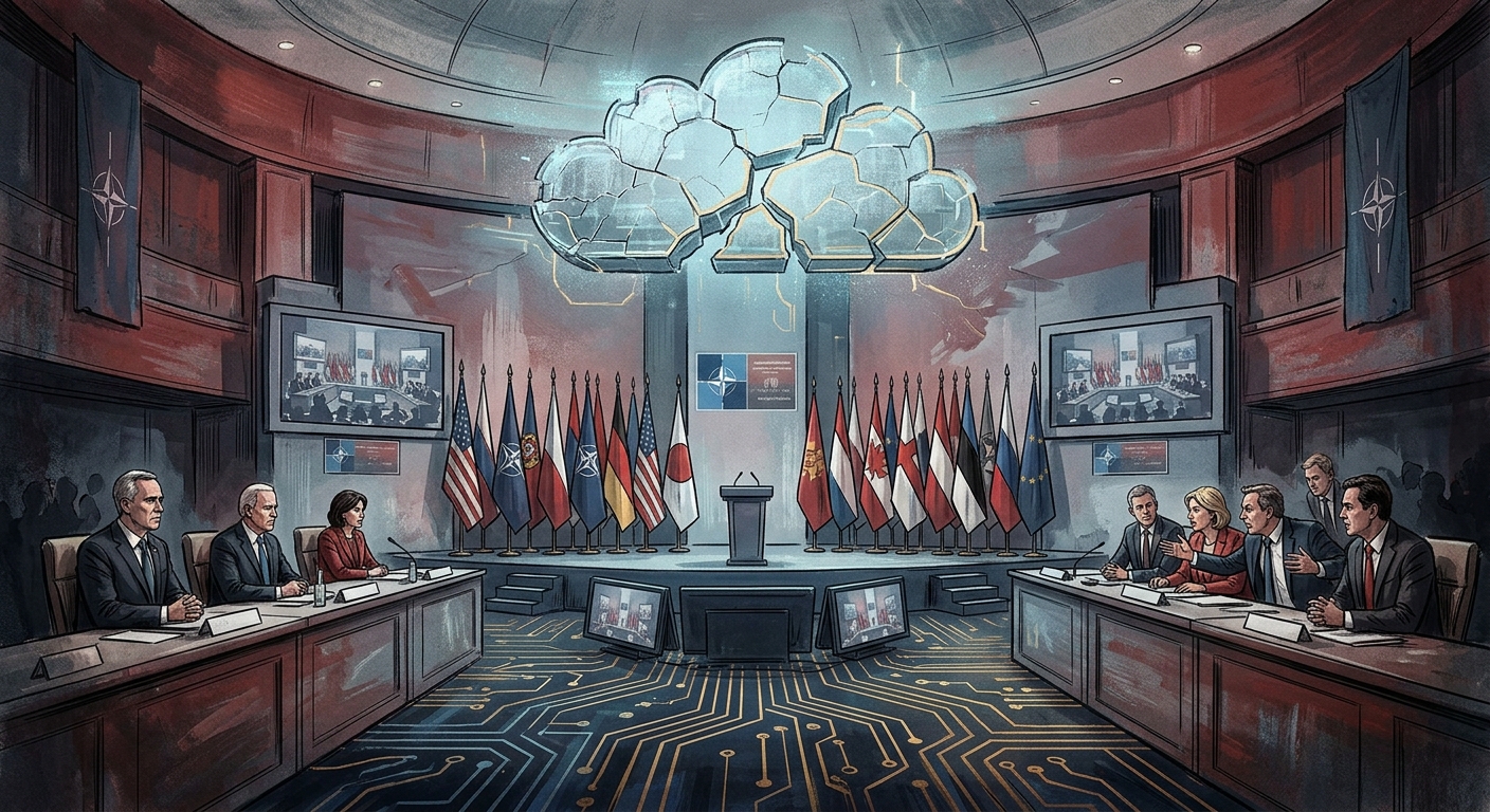 Illustration: cracked digital cloud over NATO summit stage in Ankara