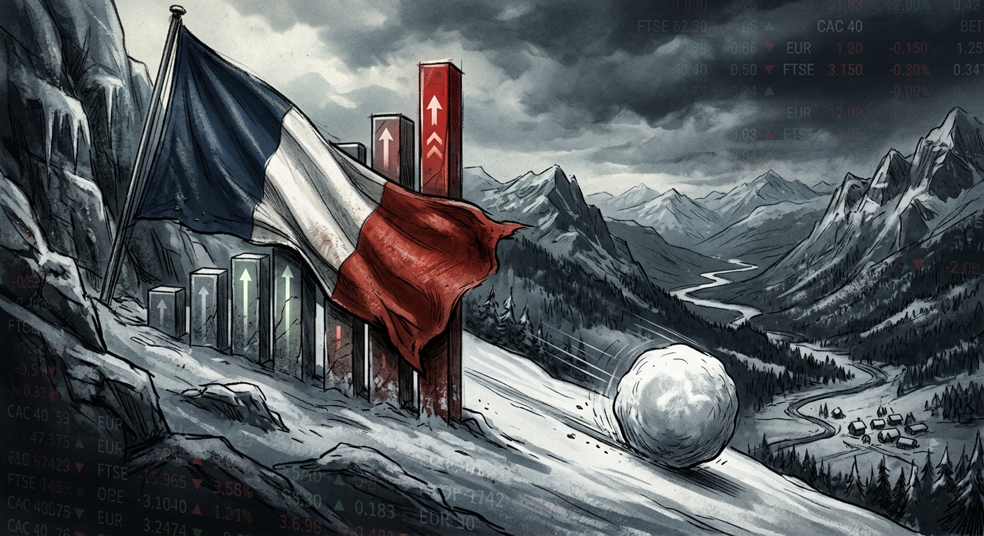 French tricolor draped over a rising debt bar chart with a snowball rolling downhill