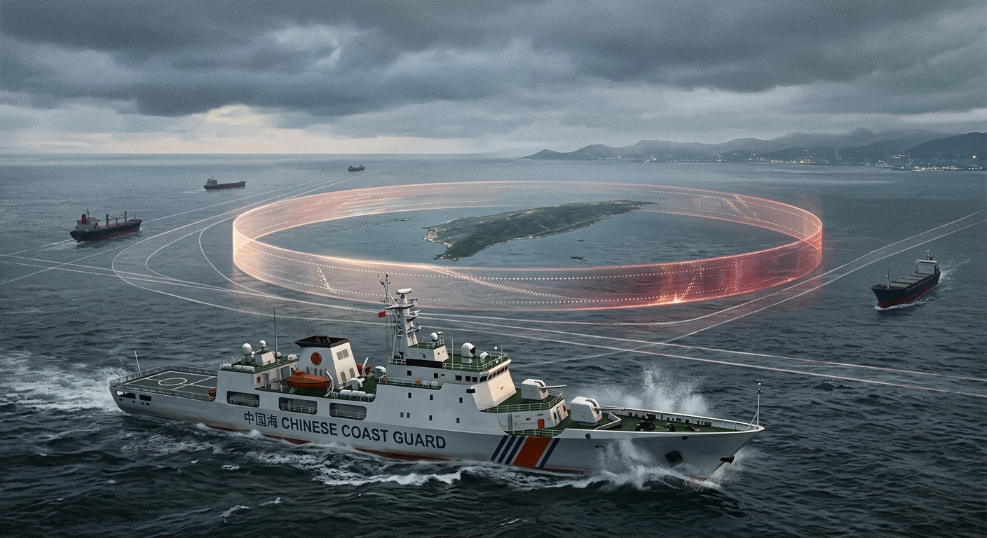 Editorial illustration showing a Chinese Coast Guard vessel positioned in the Taiwan Strait, with maritime traffic lanes marked, and a semi-transparent blockade ring around Taiwan island. The scene conveys gray-zone maritime pressure — coast guard ships performing what appears to be law enforcement while effectively restricting commercial access. Photorealistic maritime scene with tension, overcast sky.