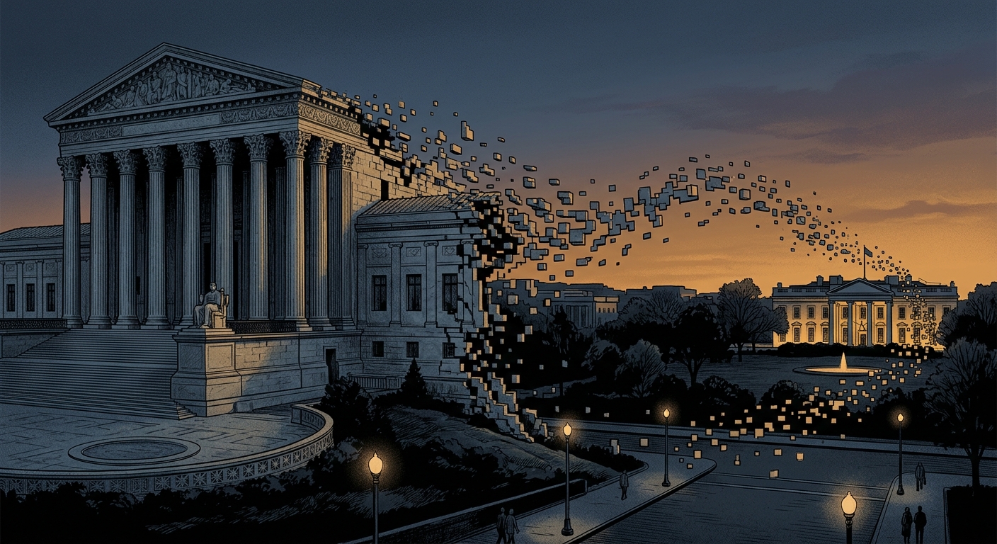 Editorial illustration: the U.S. Supreme Court building at dusk with the facade partially dissolving into pixelated fragments drifting toward the White House in the distance, symbolizing the transfer of regulatory power. Muted blue and amber tones.
