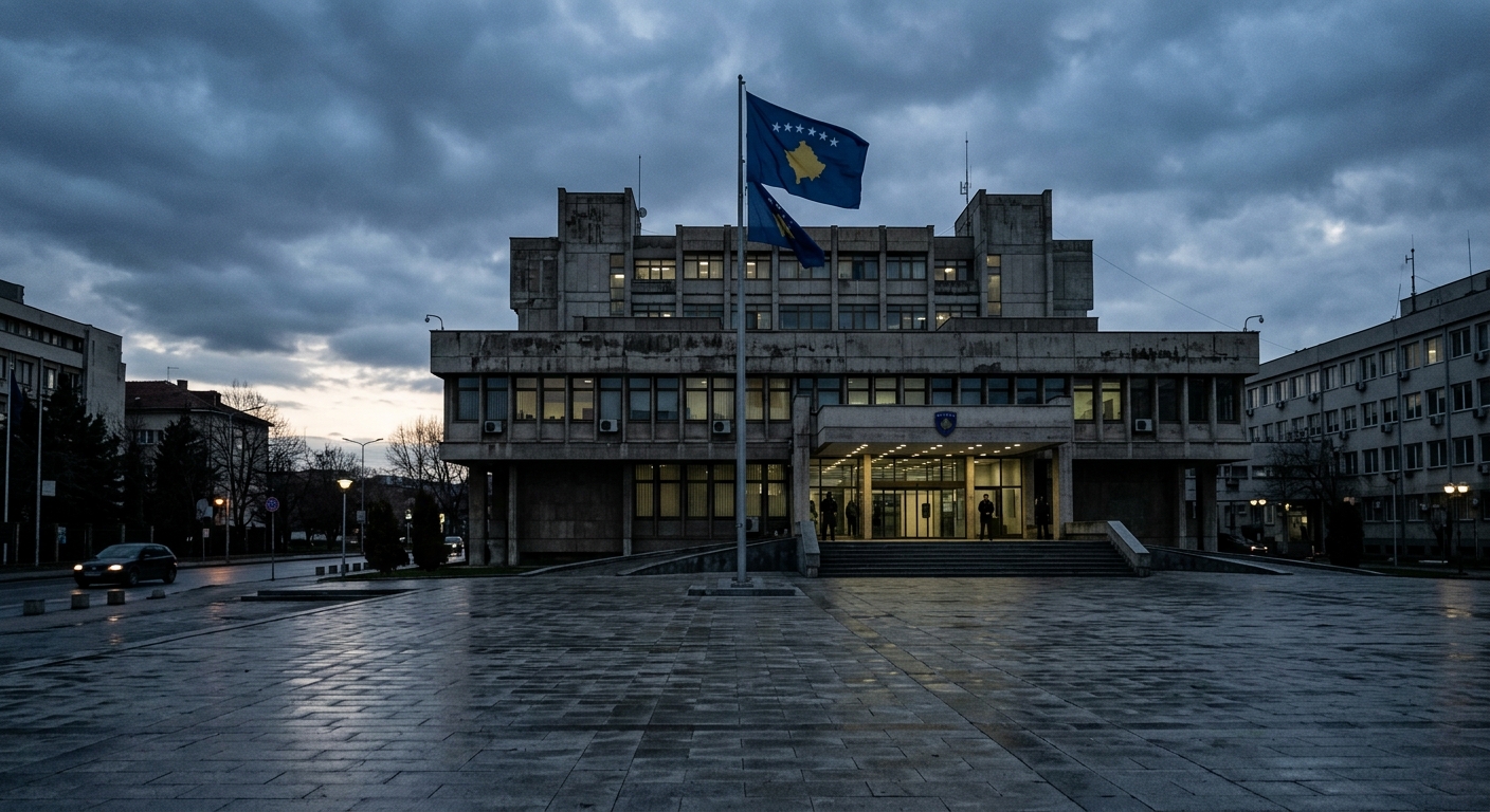 Pristina, Kosovo — exterior of the Kosovo Assembly building at dusk, national flag flying, empty plaza in foreground.