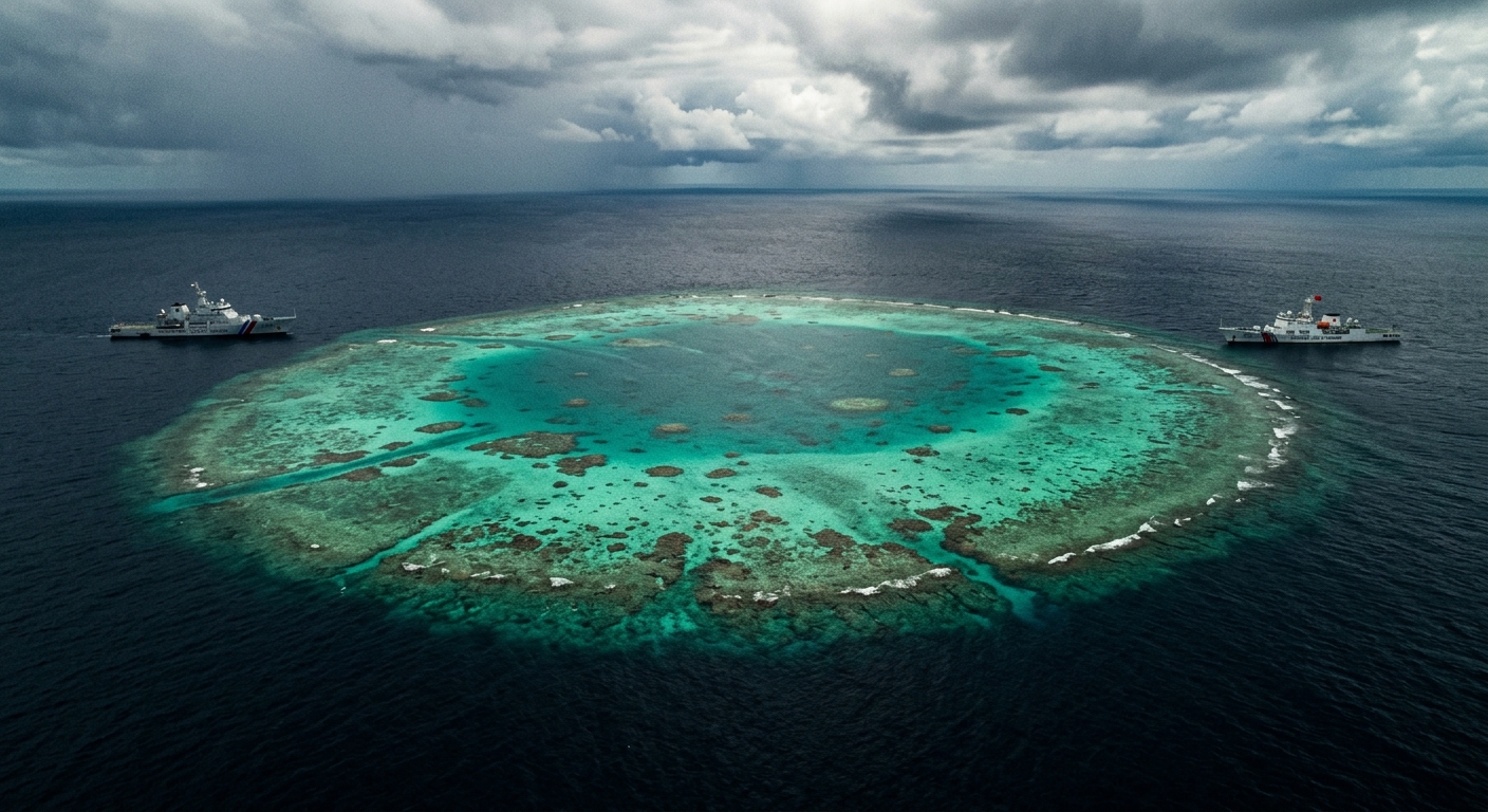 Aerial view of Scarborough Shoal with Chinese and Philippine coast guard vessels on opposite sides of the reef