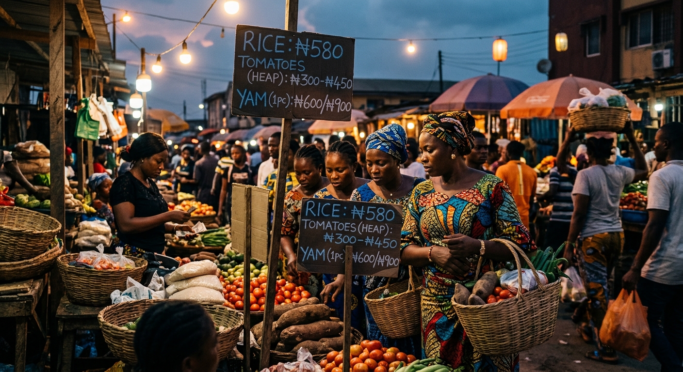 A busy Lagos open-air food market at dusk, women shoppers holding baskets studying handwritten price boards for rice, tomatoes and yam.