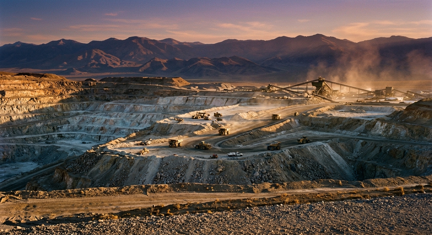 A wide, high-desert lithium-boron mine site in Esmeralda County Nevada at golden-hour, showing exposed pale evaporite ore benches, industrial haul trucks in the middle distance, and the Silver Peak Range on the horizon.