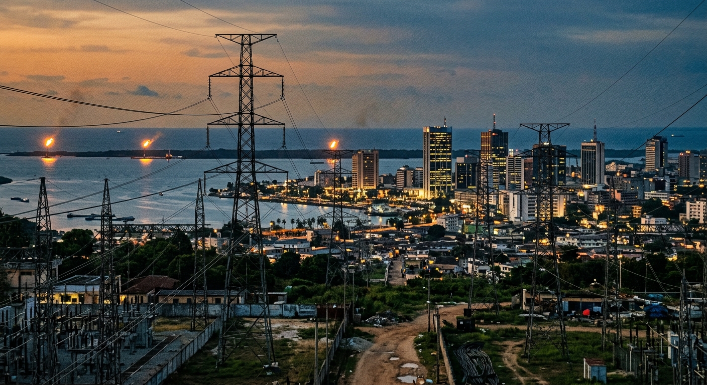 Abidjan skyline at dusk with power lines and offshore gas flare