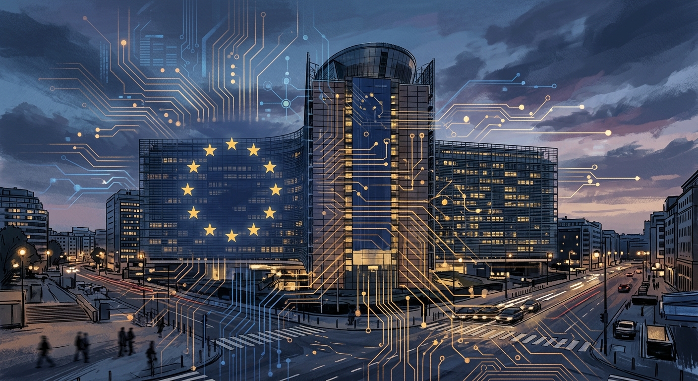 A conceptual editorial illustration of the European Commission's Berlaymont building in Brussels overlaid with abstract circuit-board patterns and a subtle EU flag, dusk lighting, cinematic, muted blue tones