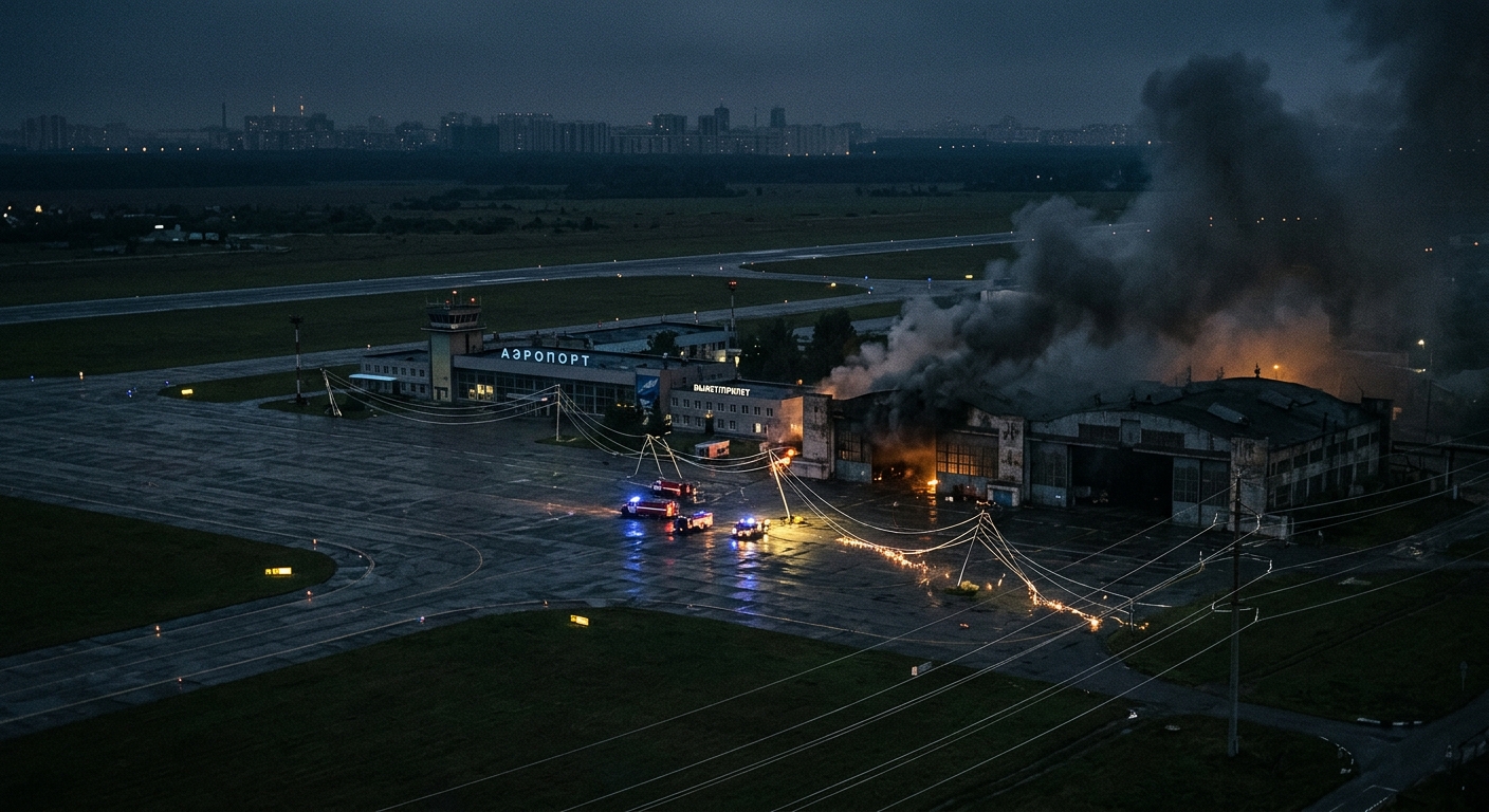 Night-time aerial view of a Russian regional airport with smoke rising from a hangar area, power lines down and a darkened city skyline visible in the distance, editorial photojournalism style, muted color palette