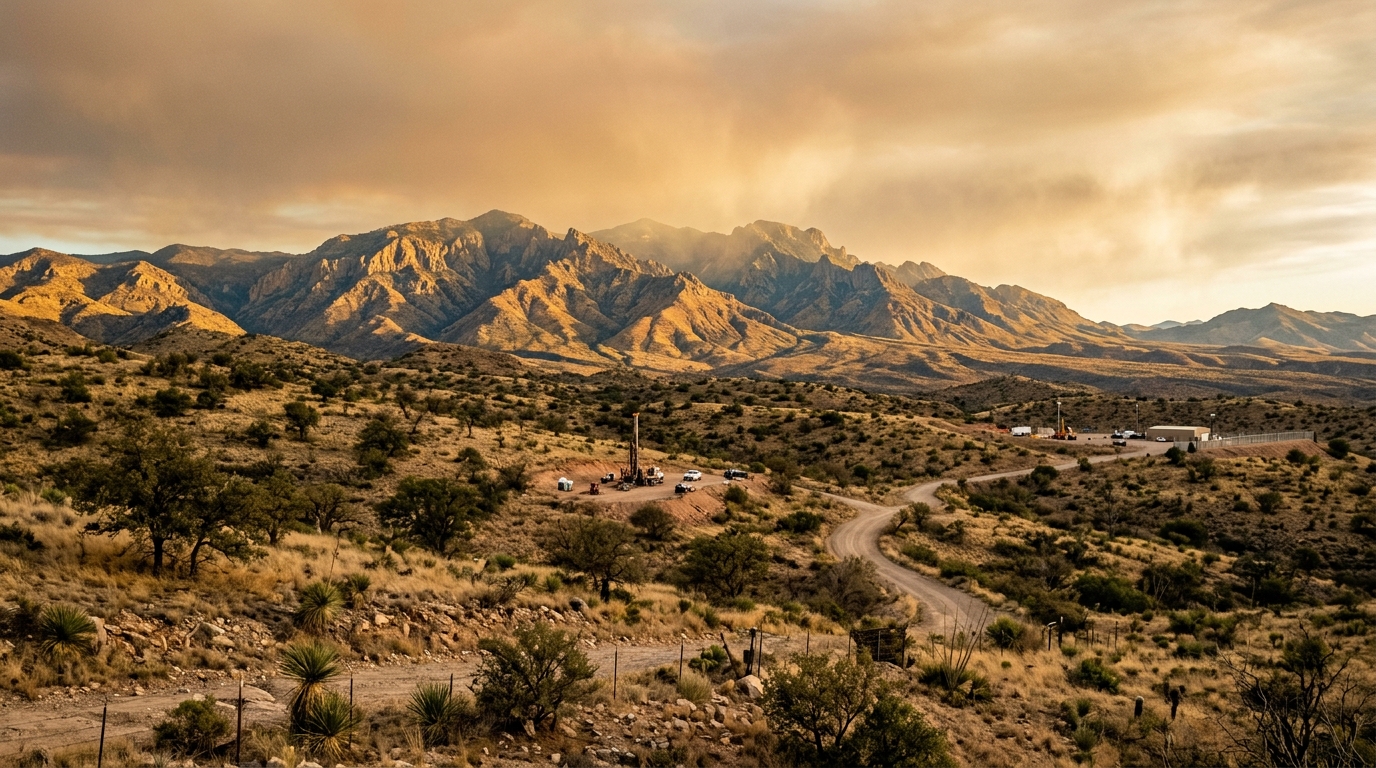 Wide editorial photograph of the Patagonia Mountains in southern Arizona at golden hour, arid oak-grassland foothills, distant mining exploration infrastructure visible, dust in air, US–Mexico borderland landscape. Documentary style, no text.