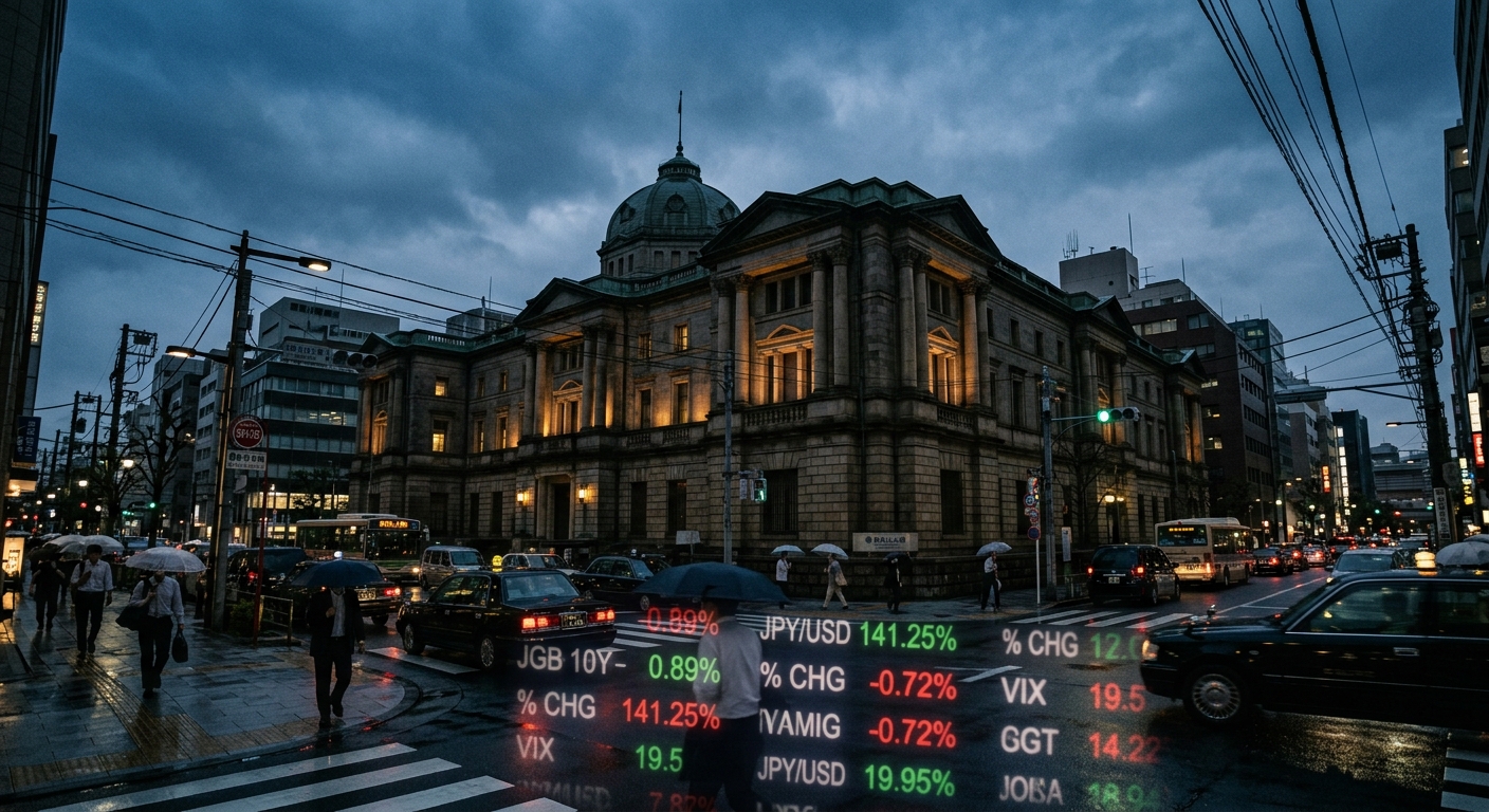 Bank of Japan headquarters at dusk, with financial ticker lights reflected in the foreground