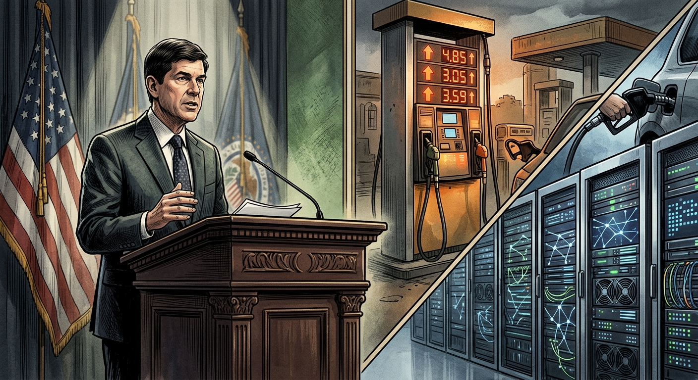 Editorial illustration of Federal Reserve Chair Kevin Warsh flanked by rising gas prices and AI data centers