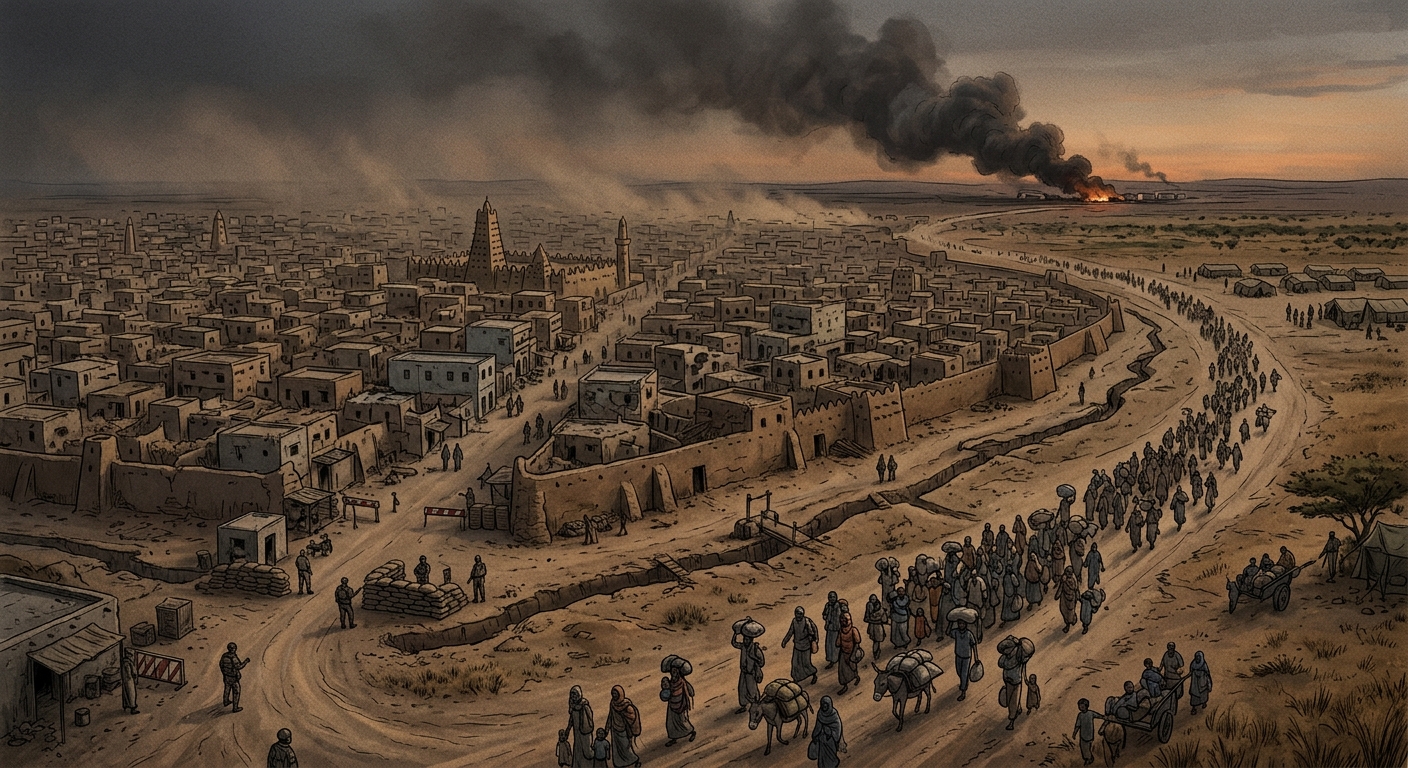 A besieged Sahelian city at dusk with smoke plumes and displaced civilians walking a dust road