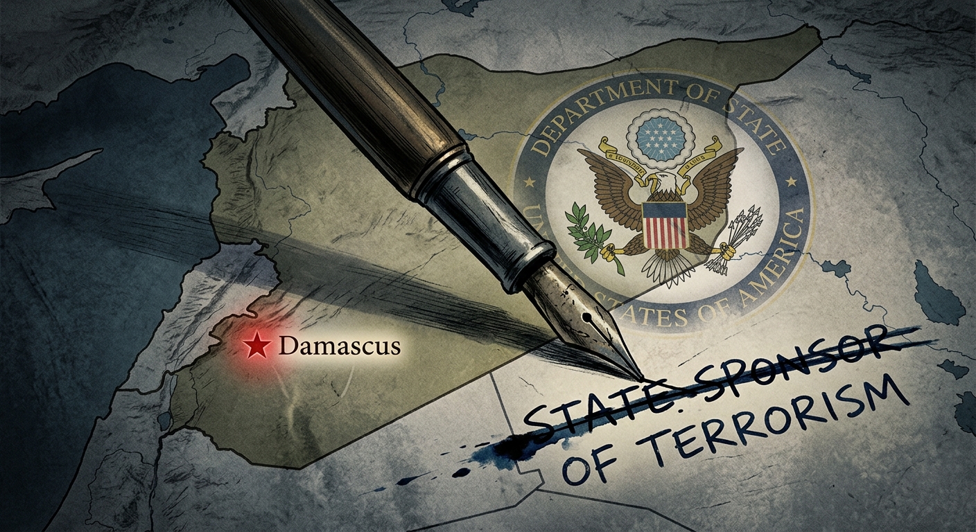 US State Department seal over map of Syria with Damascus highlighted, symbolic pen crossing out "State Sponsor of Terrorism"