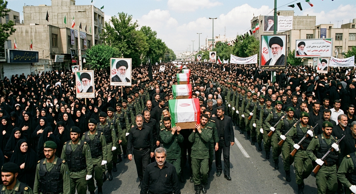 A vast crowd of mourners dressed in black filling a wide Tehran boulevard, escorting flag-draped coffins under portraits of Ayatollah Ali Khamenei