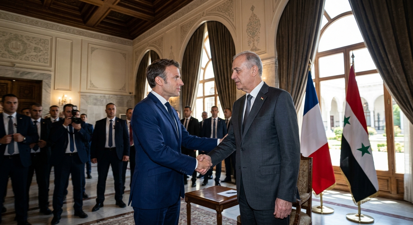 French President Emmanuel Macron and Syrian President Ahmed al-Sharaa shake hands at the People's Palace in Damascus, July 2026