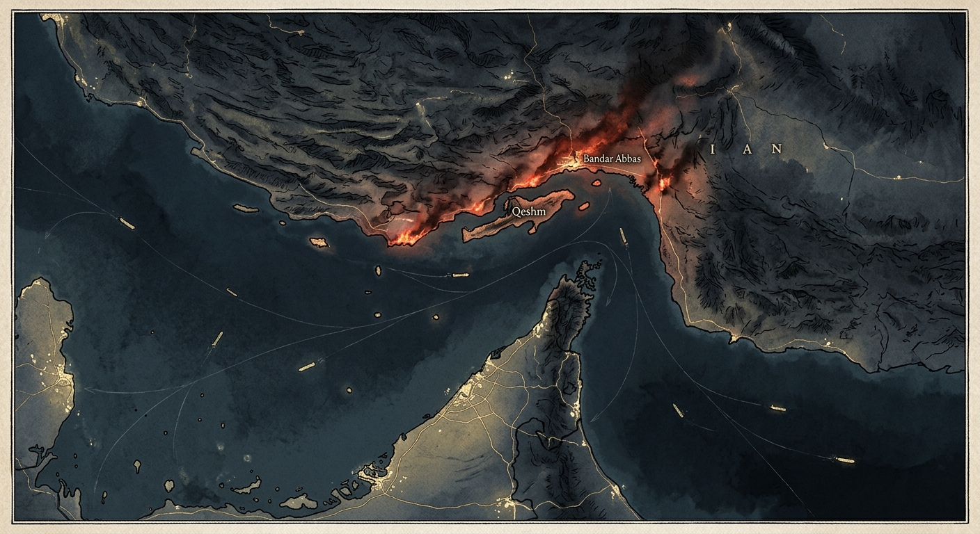 Strait of Hormuz at night with sparse tanker traffic and strike glow along Iran's coast