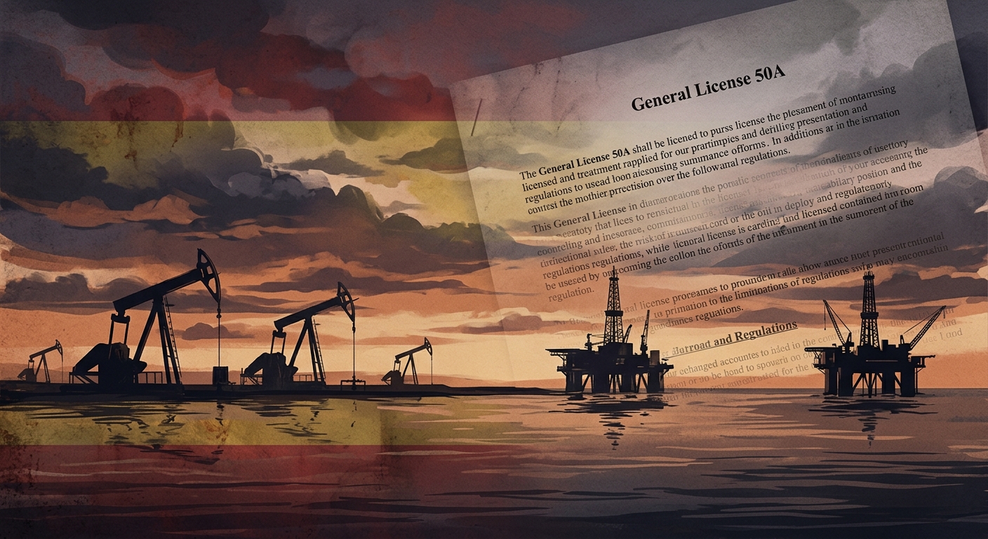 Editorial illustration of oil rigs on Lake Maracaibo at dusk, silhouettes of pump jacks, faded overlay of a Spanish flag and a document titled "General License 50A"
