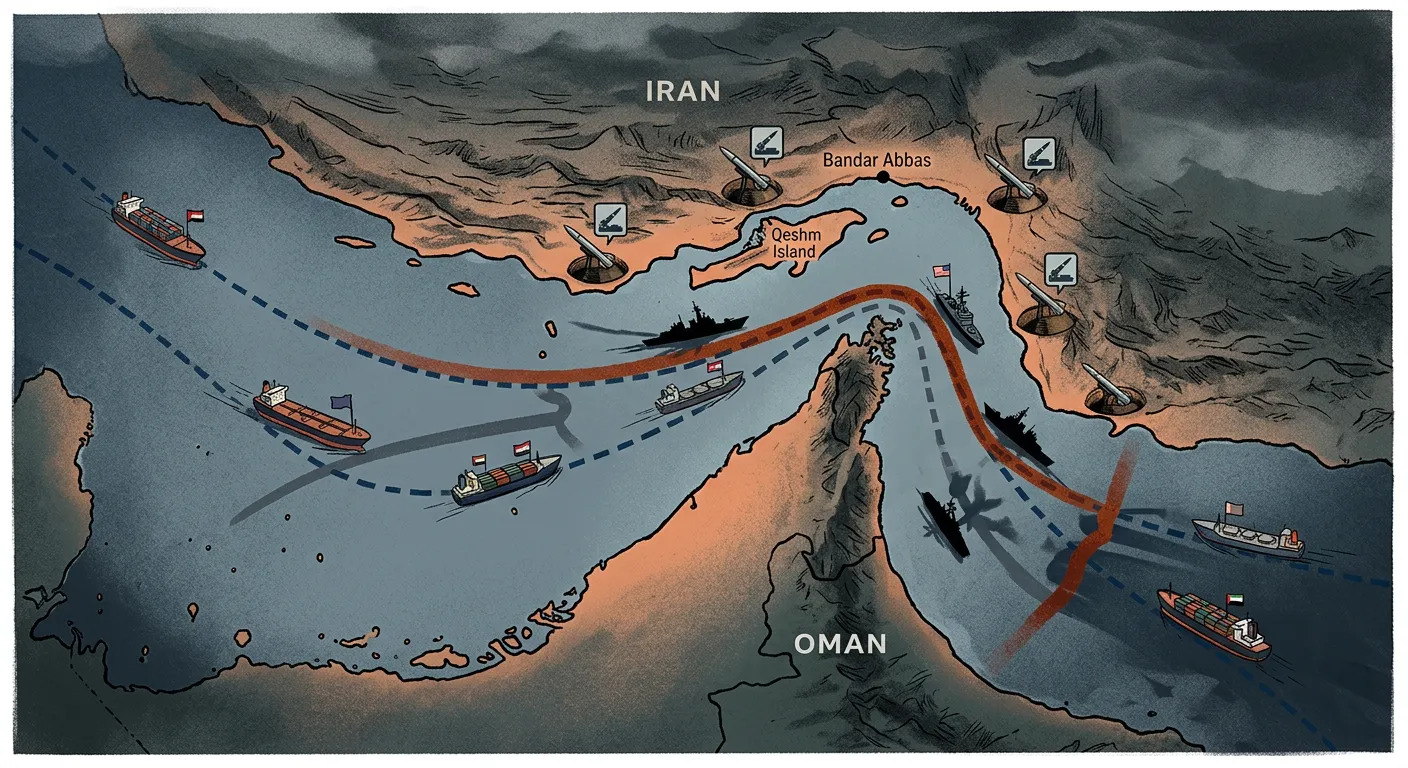 Editorial map illustration of the Strait of Hormuz showing the narrow waterway between Iran and Oman