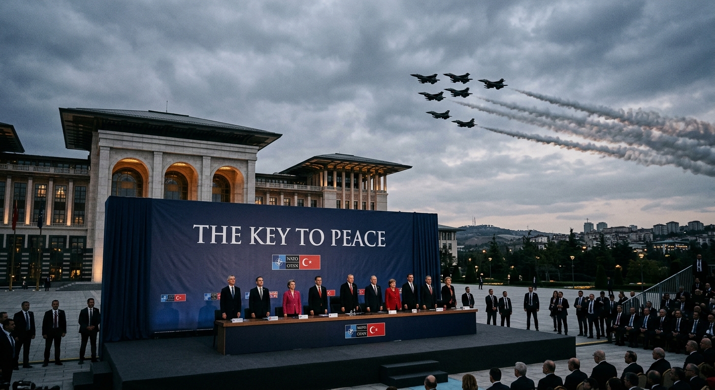NATO leaders on a raised stage at the Beştepe Presidential Compound, Ankara, 7 July 2026