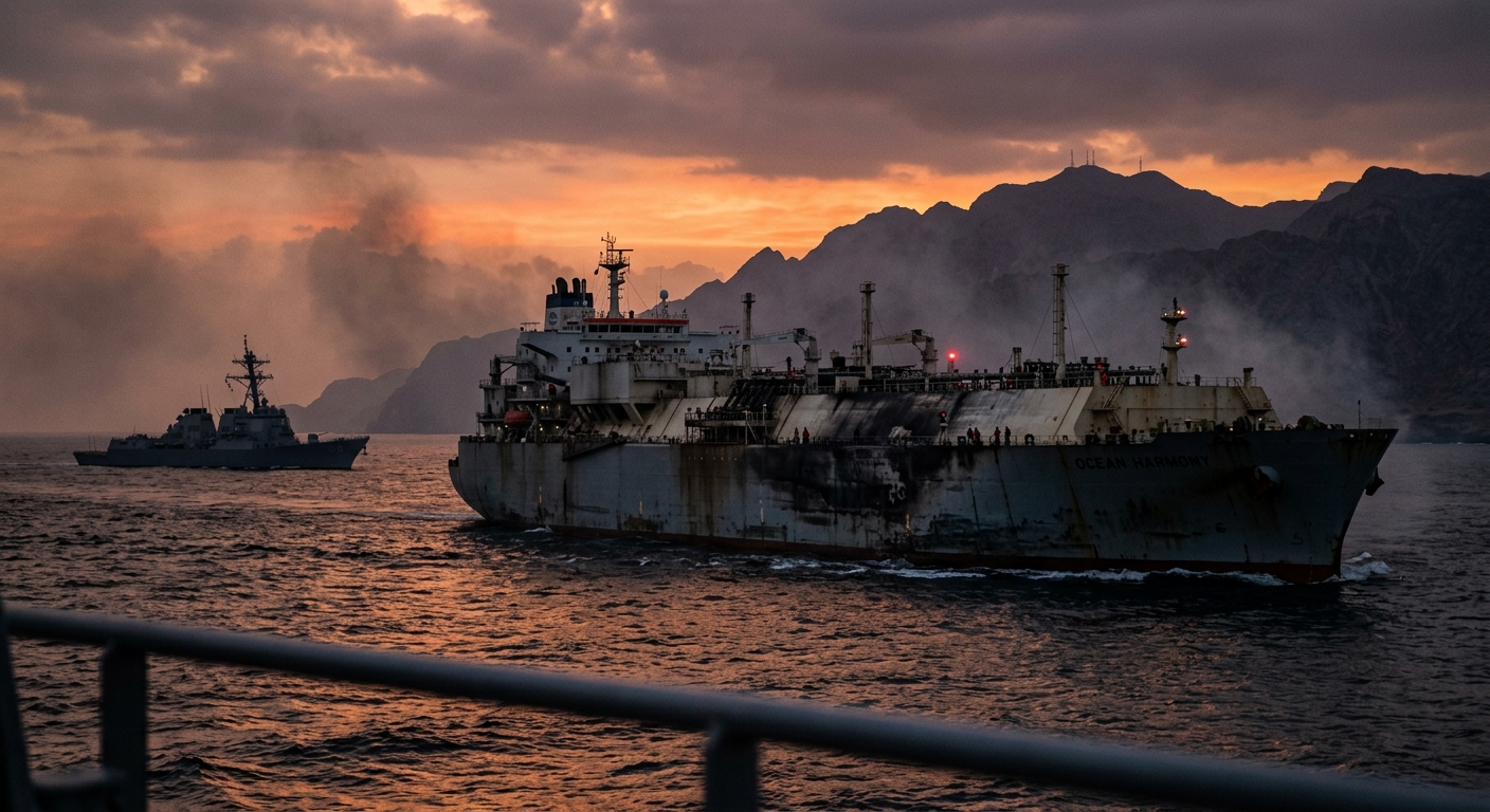 Damaged LNG tanker transiting the Strait of Hormuz at dusk with the Iranian coast in silhouette