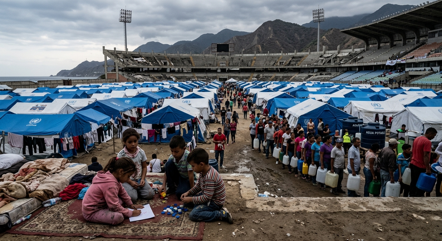 Children shelter under UNICEF-supplied tents at a sports stadium in La Guaira