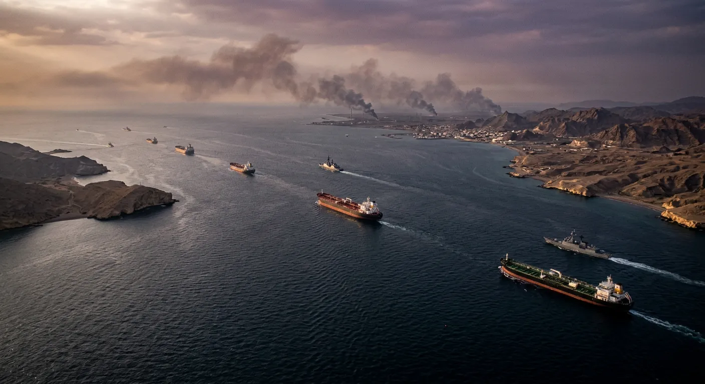 Aerial view of the Strait of Hormuz showing naval vessels and oil tankers, with smoke rising from coastal Iran in the distance under a hazy sky. Photojournalistic style, dramatic light.
